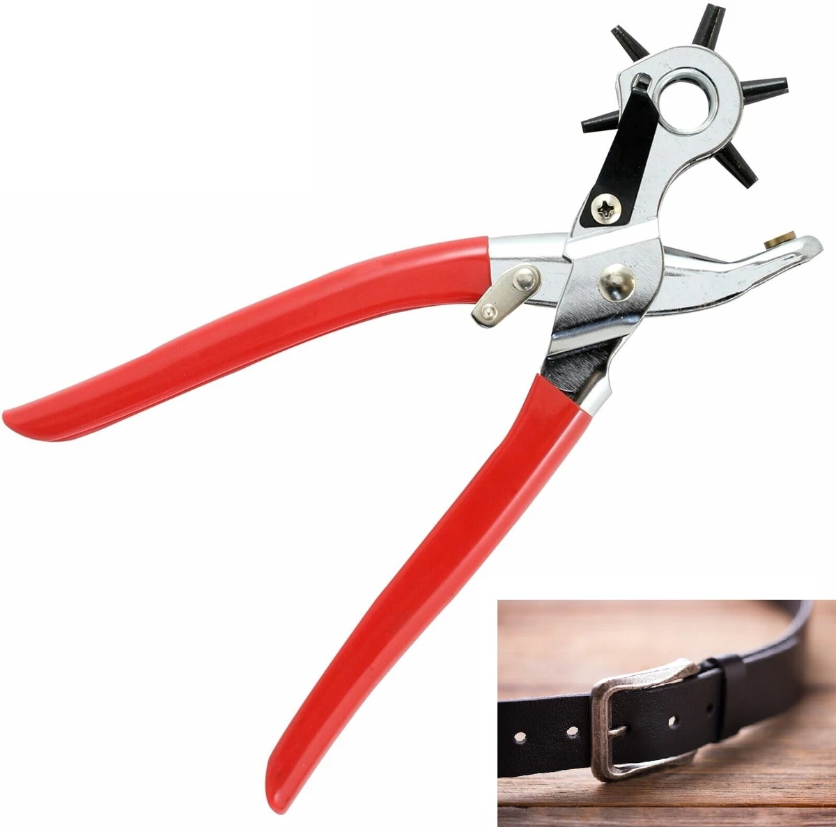 Cablevantage 6 Sized 9 inch Heavy Duty Leather Hole Punch Hand Plier Belt Holes Revolving Punches, Red