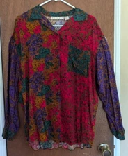 Venezia Button Down Floral Blouse, Brown/Red/Purple,  Long Sleeve, Size 14/16