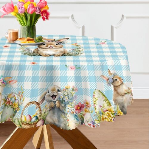 Easter Round Tablecloth 70 inches - Blue Plaid Easter Decorations for The Hom...