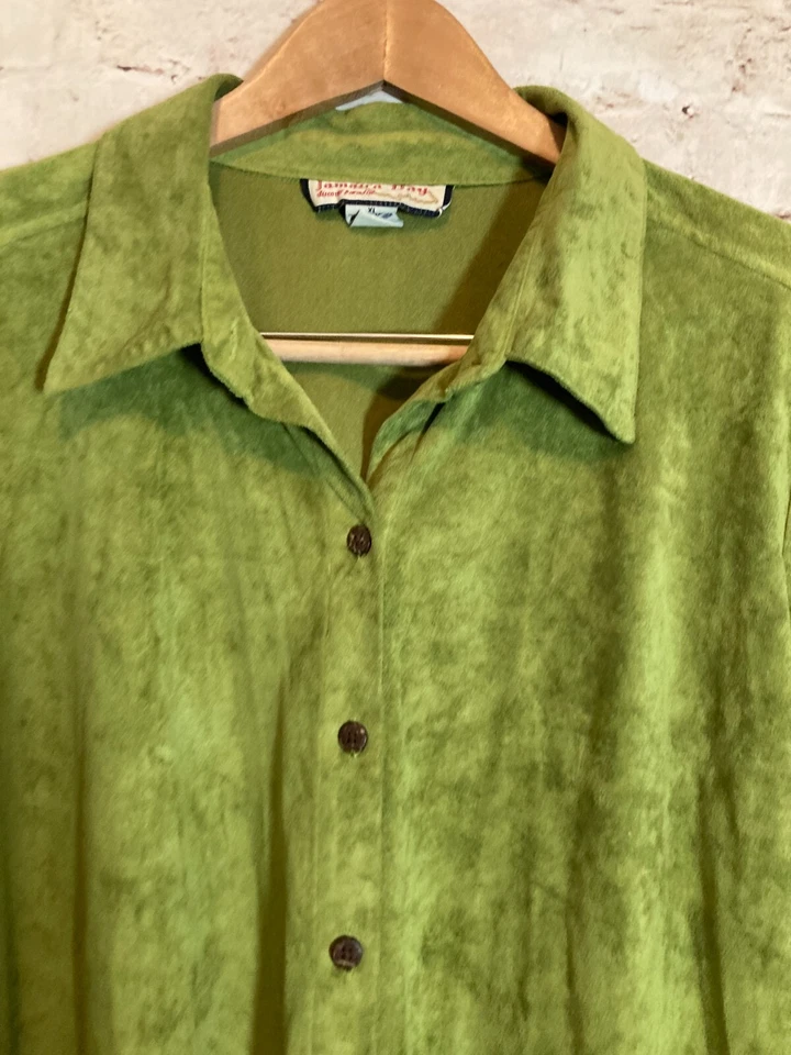 Jamaica Bay Top Womens XL Pea Green Microsuede Button Up Long Sleeve Stretch - Image 3 of 4