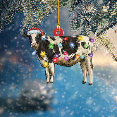 Cow Merry Christmas Ornament, Cow Christmas Lights Decor Farmhouse Ornament Gift