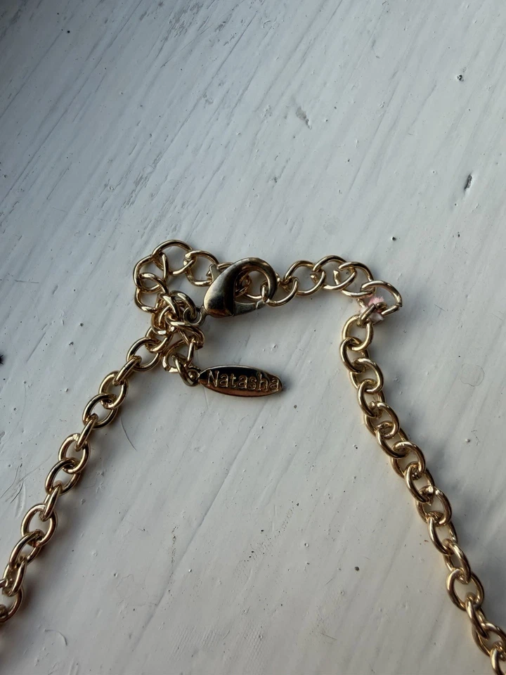 Natasha Pastel Floral Statement Necklace Gold Tone Crystal Rhinestone Bib - Image 4 of 4