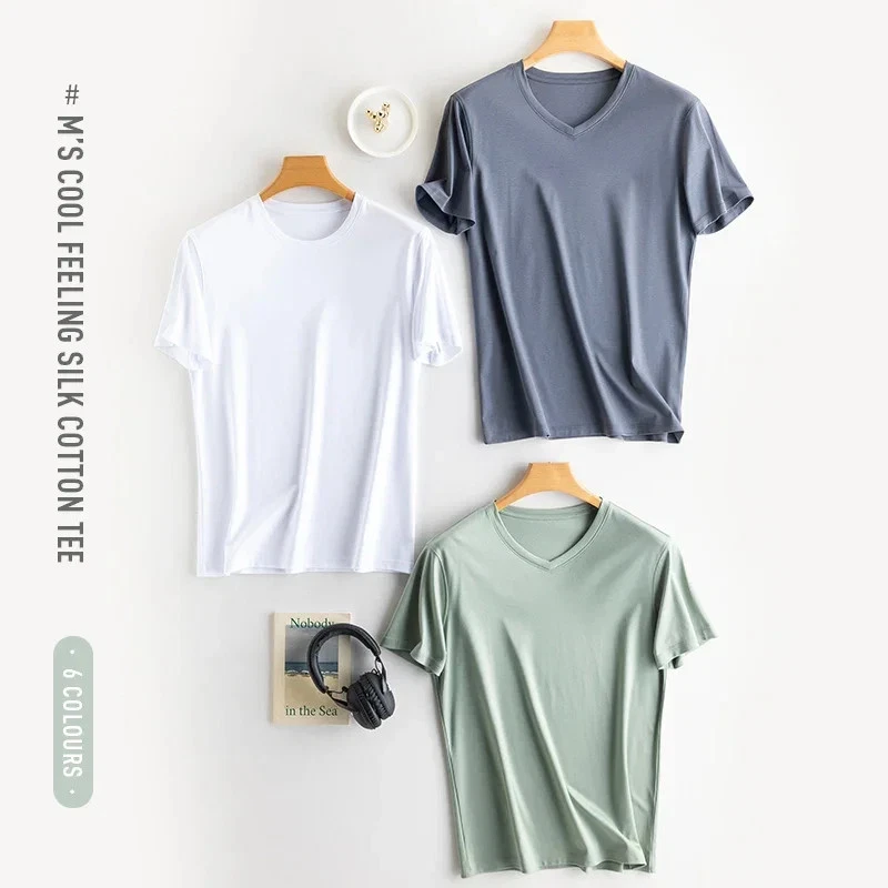 Men's High-end Fabric Silk Mercerized Cotton T-shirt Crew Neck Luxury Tee Short - Image 3 of 4