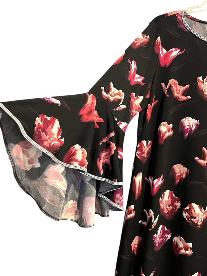 MSK 连衣裙女式 XL 码黑色红色花卉水钻装饰喇叭袖 — 第 4/4 张图片