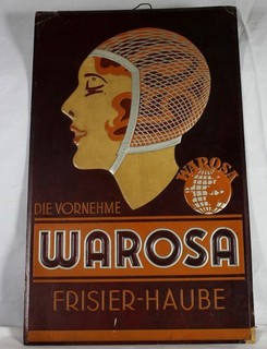 uralte Pappwerbung WAROSA Frisierhaube geprägt Plakatfabrik Fabian Dresden