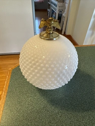 VINTAGE HOBNAIL MILK GLASS LAMP SHADE SPHERE W/EAGLE EUC RARE FIND 9.5” Tall