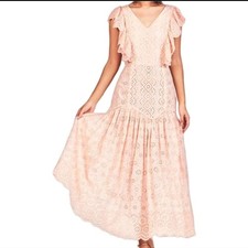 LoveShackFancy Pink Cressida Dress P/00 Cascade Ruffle V-Neck Eyelets Flutter