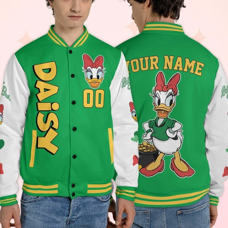 Personalized Daisy Duck Lucky Shamrocks Gold Coins Patricks Day Baseball Jacket