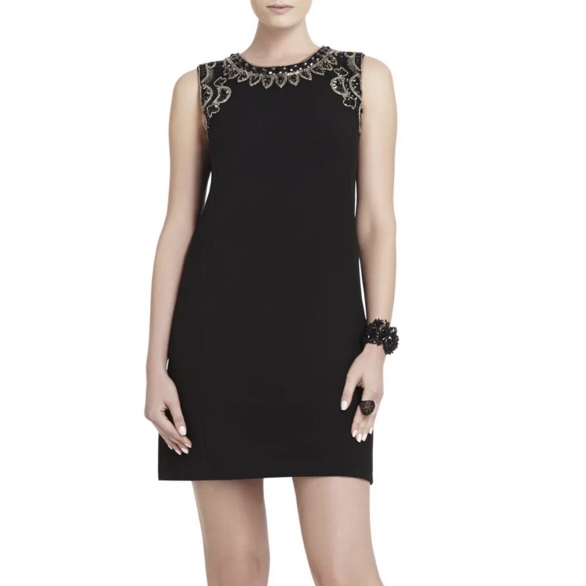 black beaded shift dress BCBMaxazria Lilah Sleeveless LBD Sz XXS With its square neckline