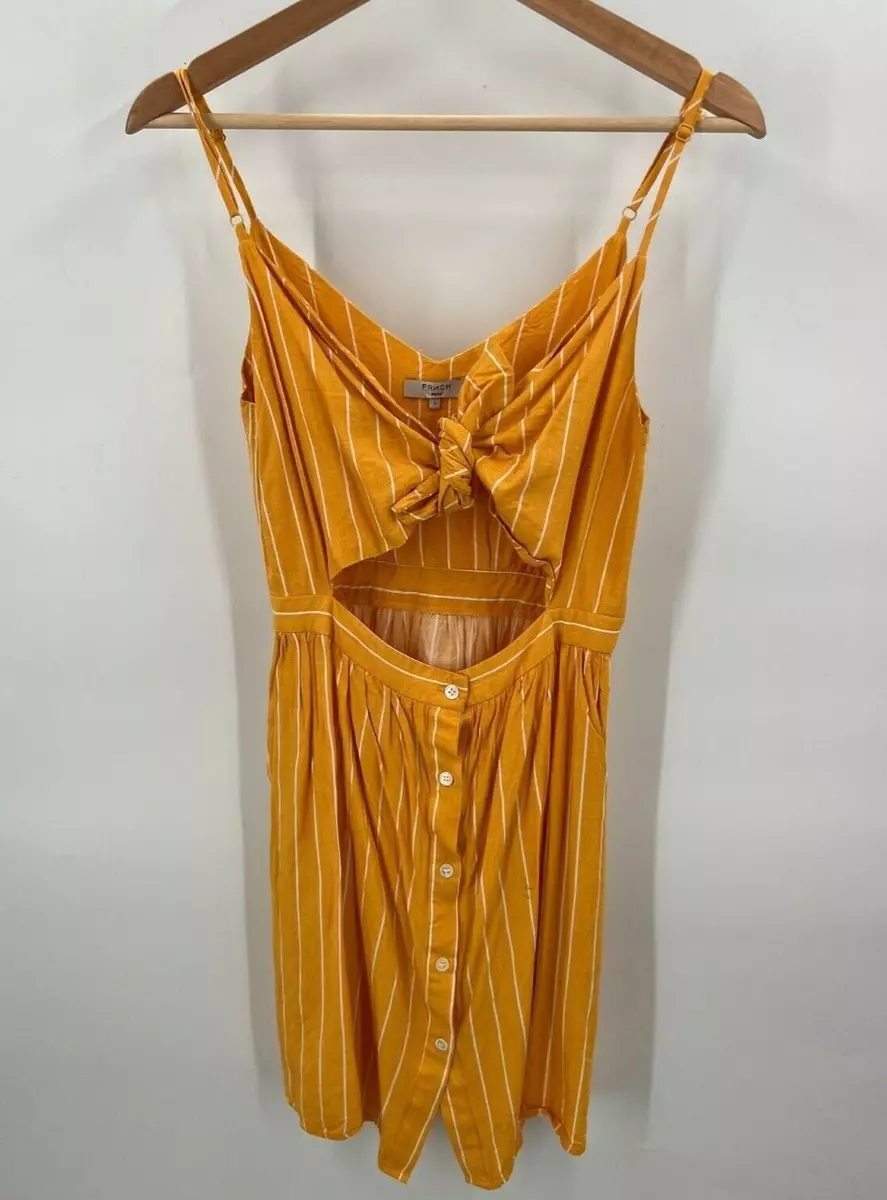 Frnch Paris Button Tie Front Striped Short Dress Mustard Yellow Womens Small