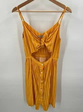 Frnch Paris Button & Tie Front Striped Short Dress Mustard Yellow Womens Small