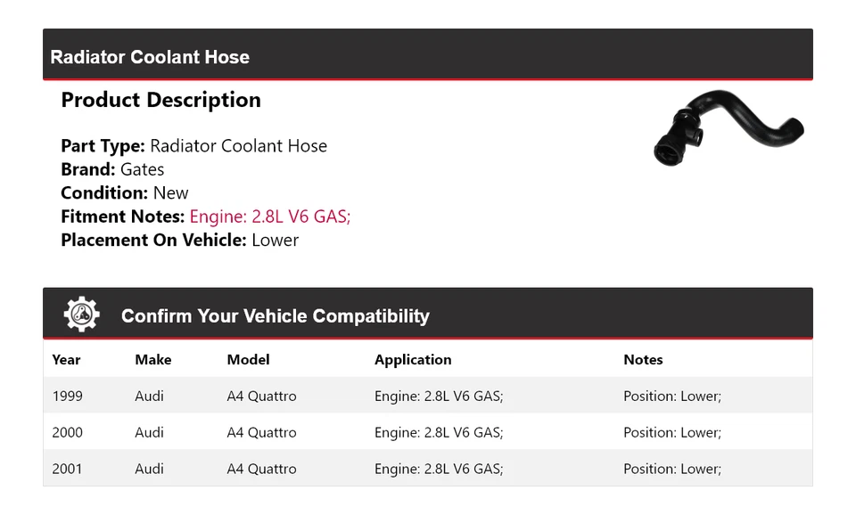 Manguera refrigerante radiador puertas inferiores 2000 para Audi A4 Quattro 1999-2001 2,8 L V6 Foto 2 de 4