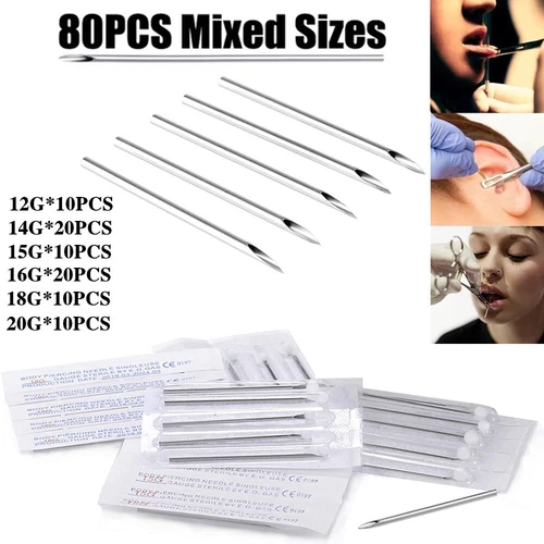 80Pcs Stainless Steel Ear Navel Nose Lip Nipple Eyebrow Body Piercing Needle Kit - product listing photo