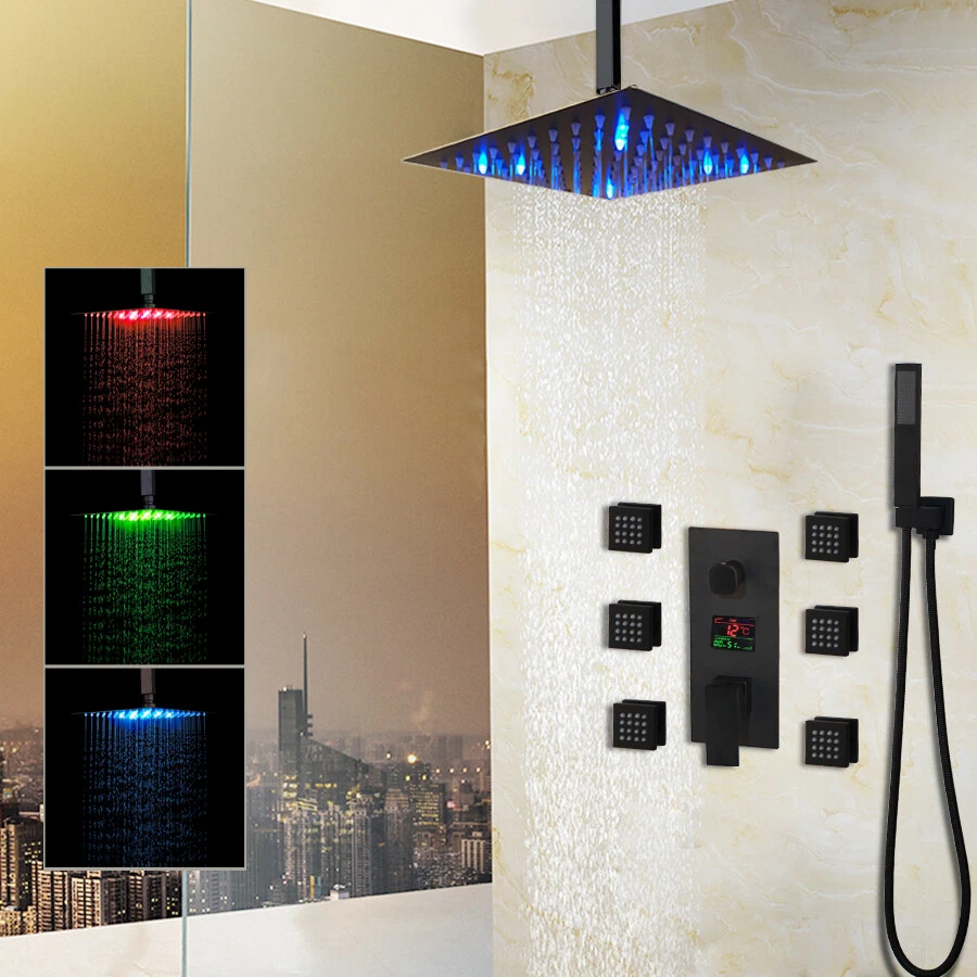 LED Square Shower Head 6 Massage Jets 3-Way Mixer Handheld Shower Tap Kits Black
