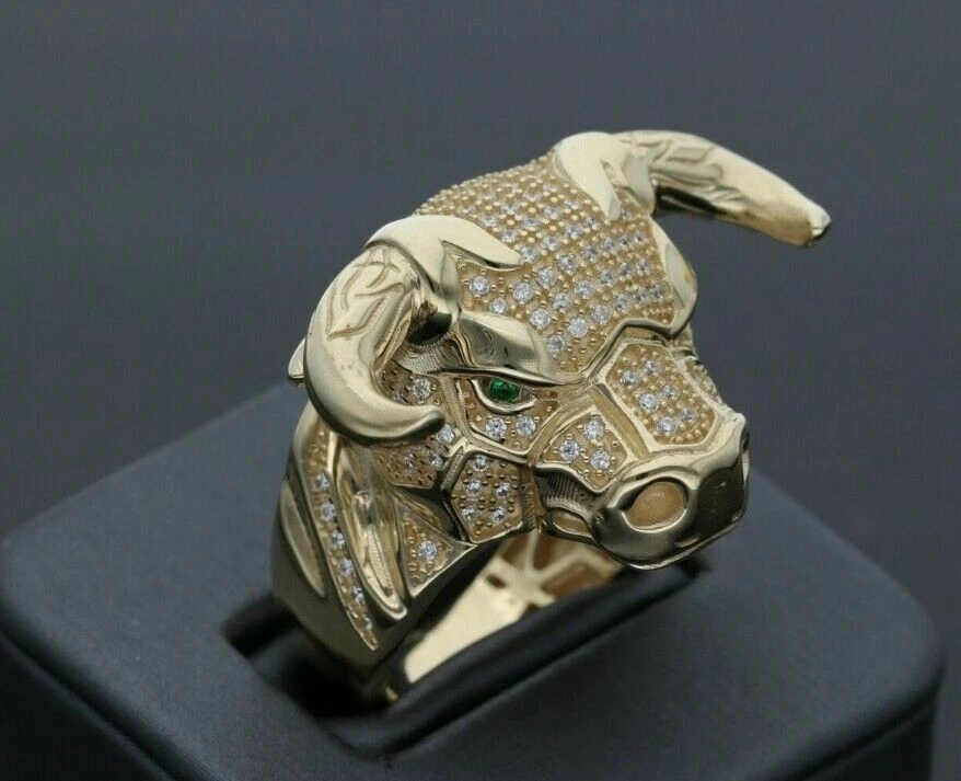 Anillo banda toro hip hop diamante corte redondo 2,00 quilates enchapado en oro amarillo de 14 k para hombre Foto 3 de 4