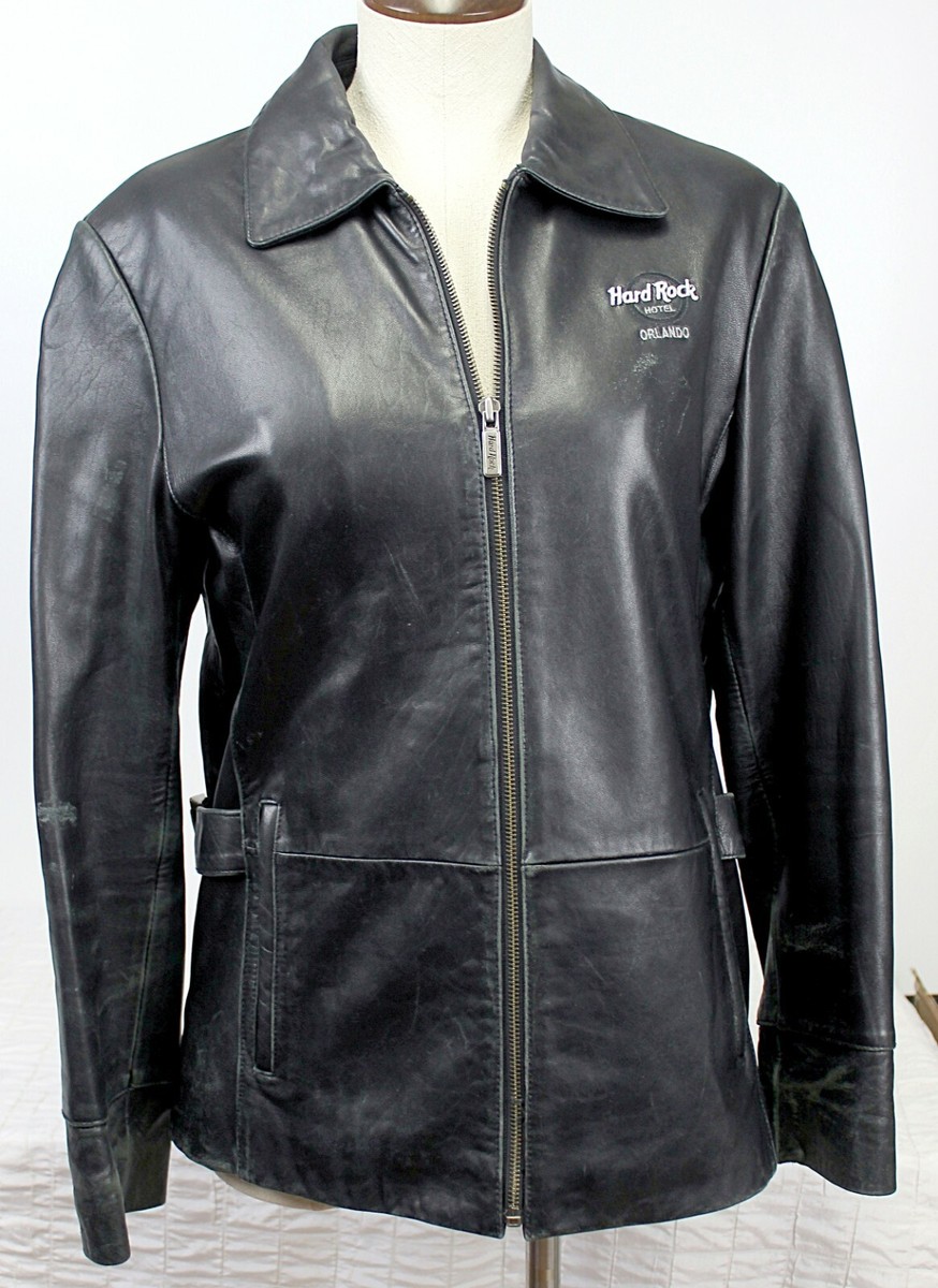 Hard Rock Cafe Hotel Black Leather Moto Jacket Women M Biker 