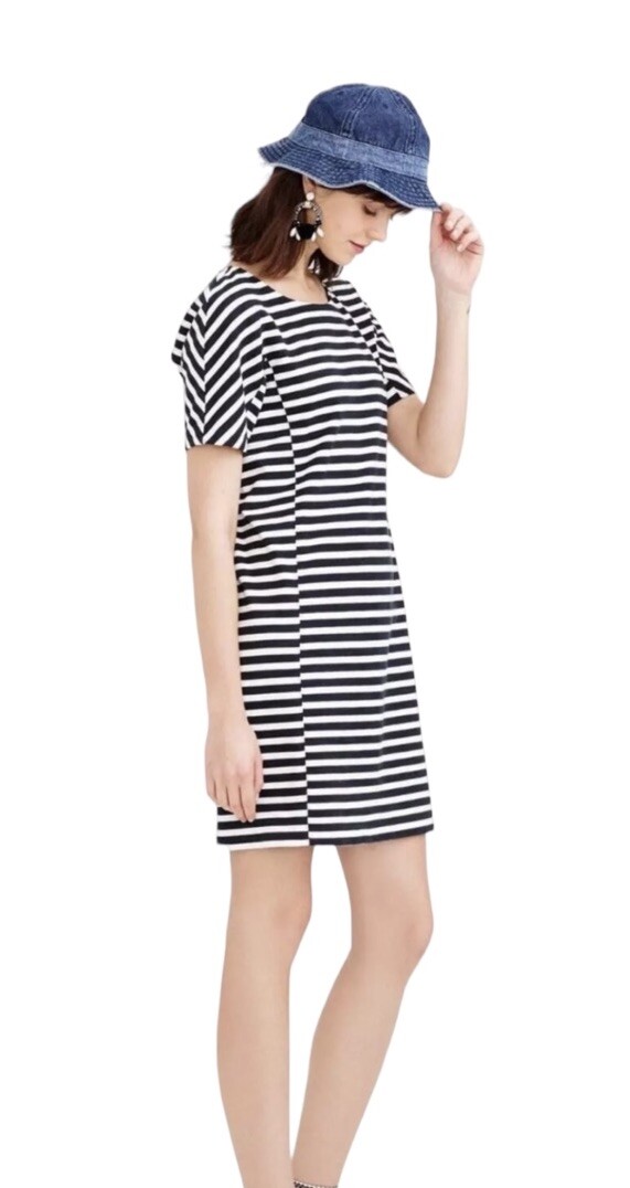 J. Crew Black White Striped Short Sleeve Zip Cotton Dress Size XS