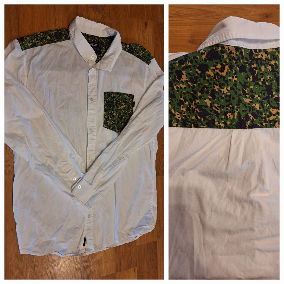 Camisa WESC Para Hombres Talla L Blanca Multicolor Camuflada Camisa Manga Larga con Botones Foto 2 de 4