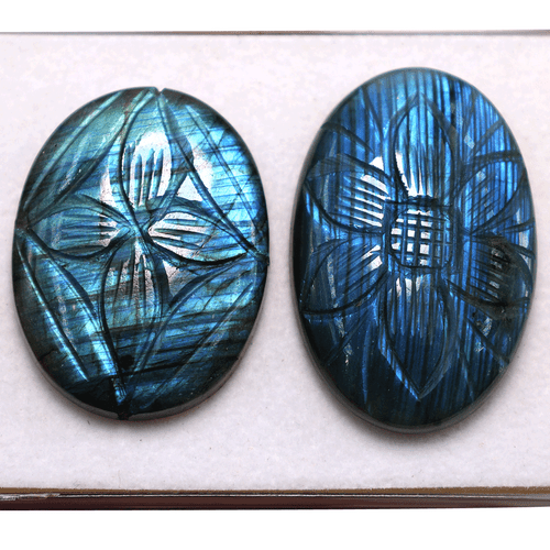 2 Pcs Natural Labradorite Hi-Quality Hand Carved 39-43mm Oval Cabochon Gemstones - Picture 3 of 12