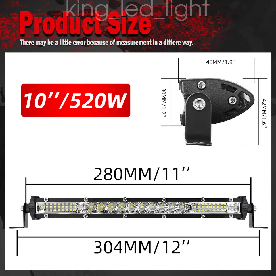 Barra de luz LED ultrafina 520W 10 polegadas combo ponto de inundação SUV offroad 12"22"32"42" - Imagem 3 de 4