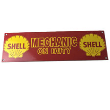 Vintage Shell Gasoline Sign - Mechanic on Duty Gas Pump Porcelain Sign