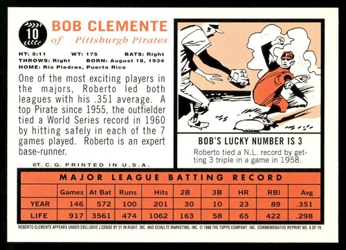 Bob Clemente 1998 Topps Pittsburgh Pirates #8 Near Mint or Better - Bild 2 von 2