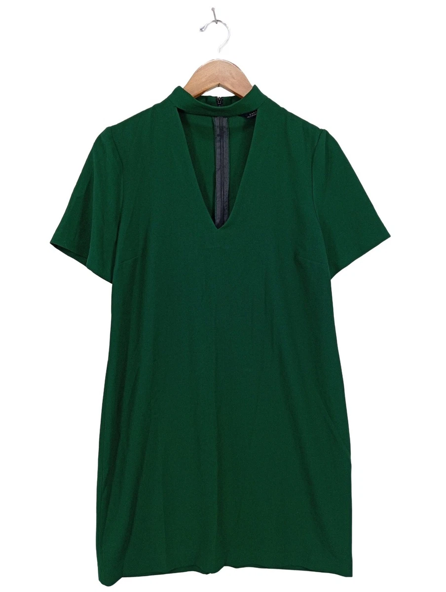 ZARA S ROBE Vert Lin Col Manches Longues V Décontracté Rouleau Tab Droite EUR 37,66 - FR