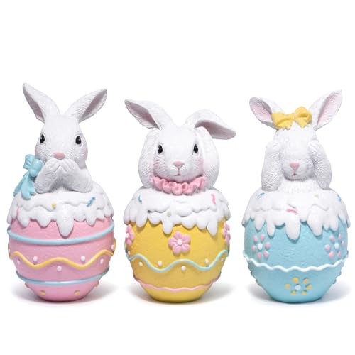 Easter Bunny Figurine Set - Egg Decorations, 3-Piece Handmade Resin Craft,