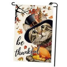 Be Thankful Thanksgiving Cat Garden Flag 12x18 Inch Vertical Double Sided brown