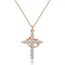 Sparkling Crown Rose Gold Cross Pendant Necklace Christian Jewelry Gift, Women