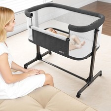 AMKE Baby Bassinet Bedside Sleeper with Adjustable Height  Crib, Dark Grey