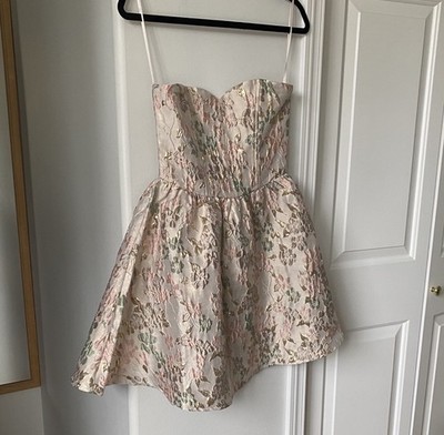 Francesca s - Cream Floral Jacquard Strapless Sweetheart Neck A-Line Mini Dress