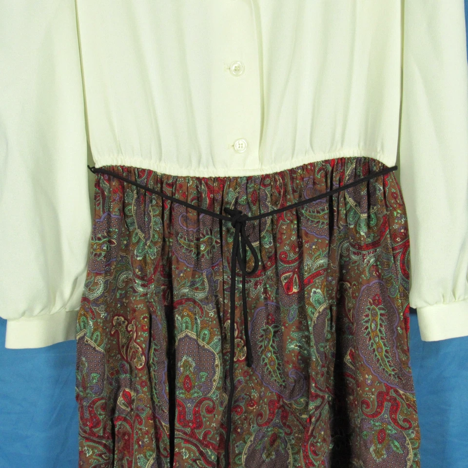 Винтажный LESLIE FAY PETITE слоновой кости/коричневый креп пейсли плиссированные юбки кнопка платье 14P - Изображение 3 из 4