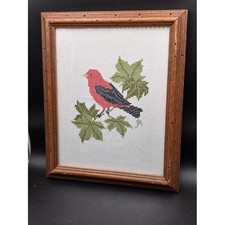 Handmade Needlepoint Red Bird Framed Art Embroidery Rustic Home Decor 9"x12"