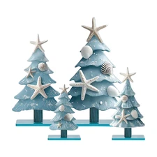 4-Piece Blue Coastal Christmas Table Decor – Nautical Wooden Ornament Set