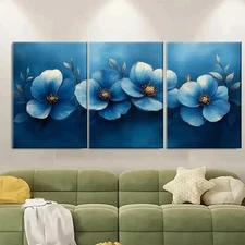 3pcs Blue Floral Watercolour ER Wall Art Canvas Framed 50x70cm