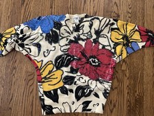 Vintage 1990 s Batwing Colorful Beaded Sparkly Sweater Bold Flowers Sz A
