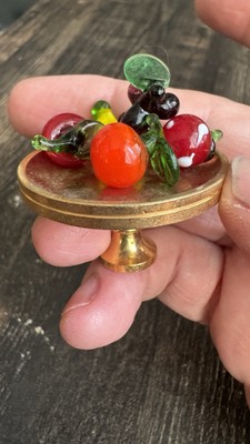 Mini Brass Pedestal Plate & Mini Glass Fruit Vegetables Fruits Dollhouse Vintage