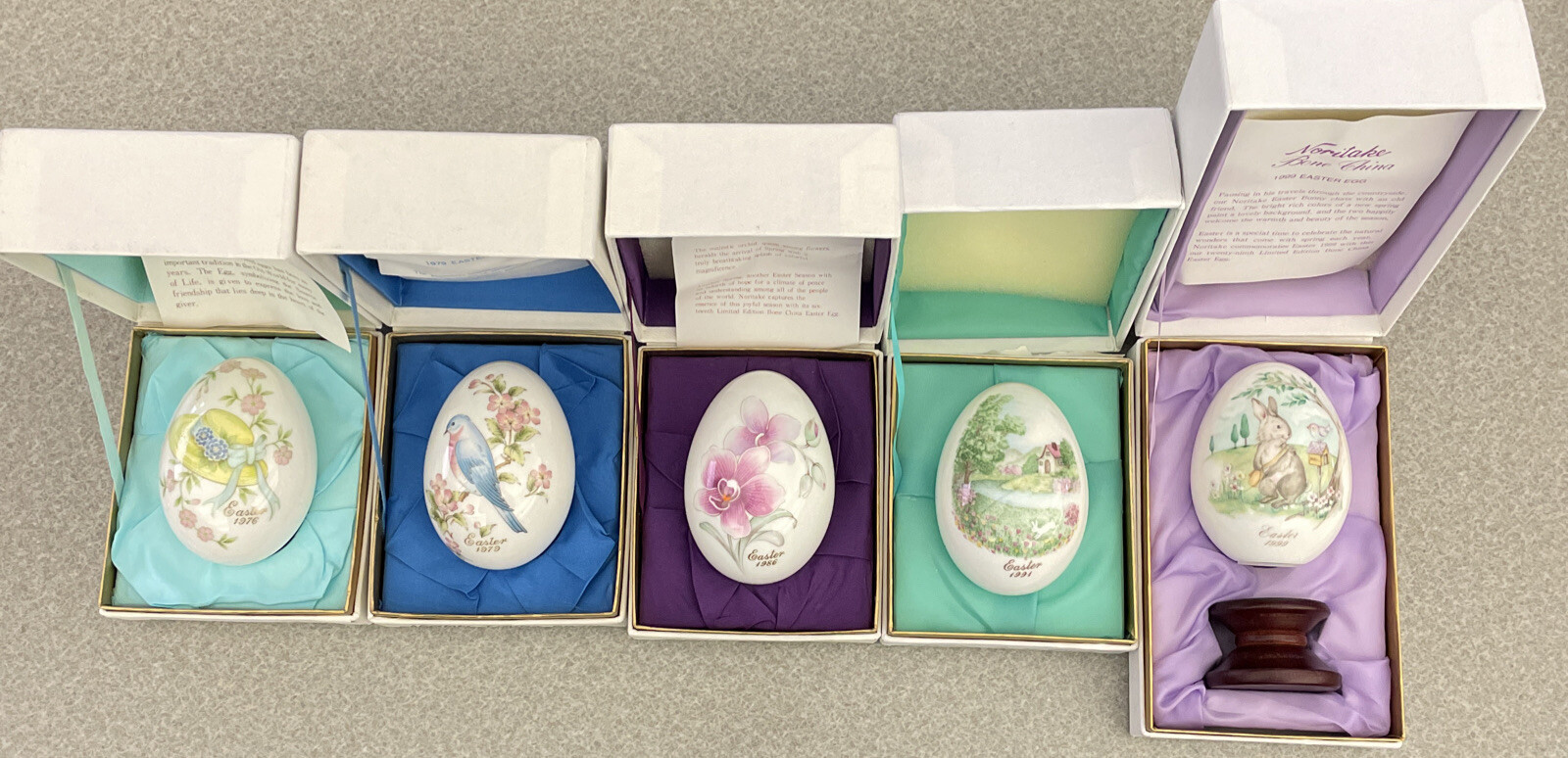 Vintage 1976, 79, 86, 91 & 99. Limited Edition NORITAKE Bone China Easter Eggs