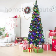 Christmas Tree Slim Pencil 4ft 5ft 6ft 7ft Green Xmas with RGB Lights Stand UK