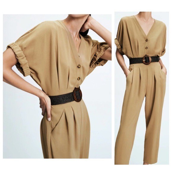 ZARA Jumpsuit Size Small Short Sleeve Belted Waist V Neck Button Front Pockets-image