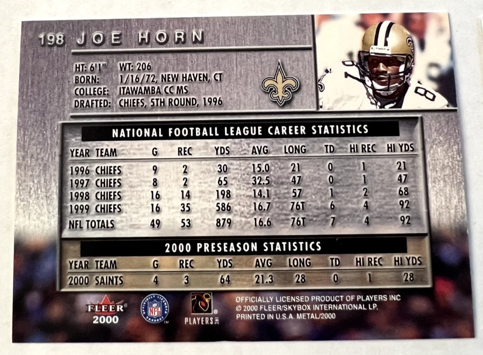 2000 Fleer/SkyBox Metal NFL Trading Card #198 Joe Horn New Orleans Saints - Image 2 of 4