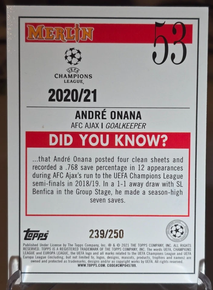 Andre Onana 2020-21 Topps Merlin Collection Chrome UCL Atomic Refractor #53 /250 - Image 2 of 2