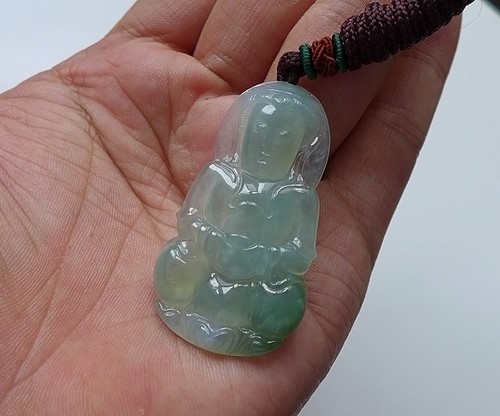 Vintage Natural Type A Icy Jadeite Jade Kwan-yin Pendant 7756 - Picture 11 of 12
