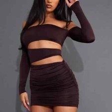 New PrettyLittleThing Chocolate Slinky Bardot Multi Cut Out Bodycon Dress Size 8