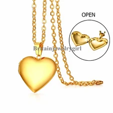 Polished Heart Shaped Photo Locket Pendant Fashion Necklace for Women Girls 18"