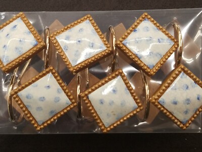 NEW VINTAGE Windsor 12PC Shower Curtain Hooks Framed Blue Gold HAND PAINTED