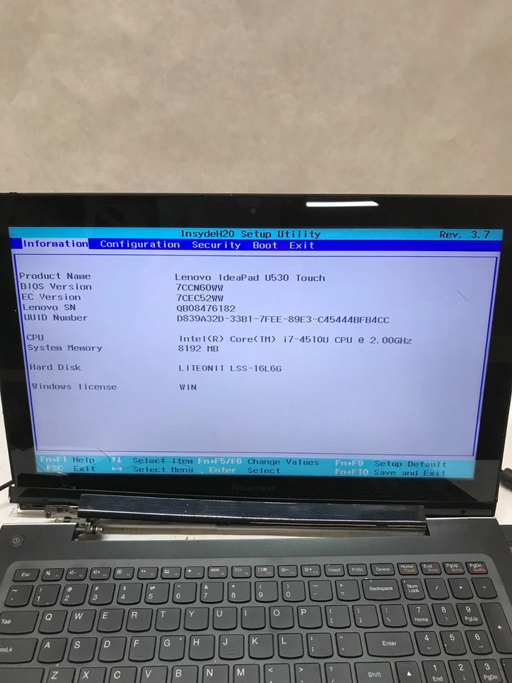 Portátil Lenovo IdeaPad U530 Touch 15" Intel i7-4510U 2,0 GHz 8 GB de RAM para piezas -DW Foto 2 de 4