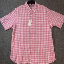 Cremieux Signature Men Linen Blend Pink Berry Checked Button Down Shirt Sz L NEW