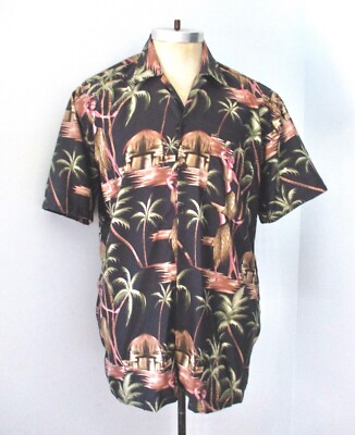 Waikiki Creations black pink hula girl palm trees silky poly Hawaiian shirt L